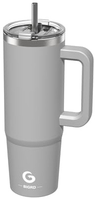 BIGRD Tazza Termica Isolata 890ml Doppia Parete Acciaio Inox con Cannuccia - Borraccia Termica Antigoccia a Vuoto con Coperchio e Manico, per Bevande Calde/Fredde, Ufficio, Viaggio, Auto(grigio)