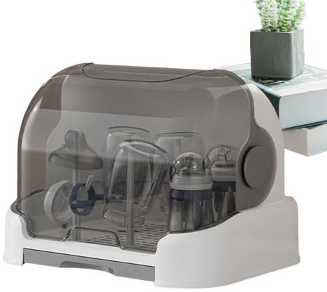 Baby Bottle Drying Rack - Space Saving Bottle Dryer Holder with Cover and Removable Drain Tray - Portable Countertop Dustproof Bottless Storage for Kitchen Home