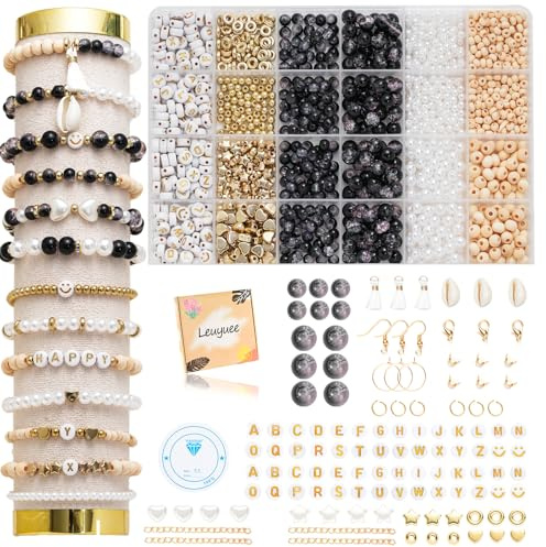 Leuyuee Glasperlen zum für armbänder Edelstein Perlen Perlen Set Zum Auffädeln Kit Perlenset Beads für DIY armbänder selber machen Schmuck Halskette Ohrringe Kette für Erwachsene(Zweifarbig schwarz)