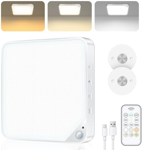 Akku Deckenleuchte mit Bewegungsmelder Innen,6W Aufladbare LED Deckenlampe Badezimmer mit Fernbedienung,Ohne Stromanschluss,Batteriebetriebene Kabellose Lampe für Bad,Schrank,Garage und Flur,1 Stück