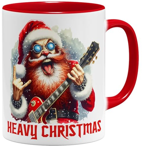 OM3® Heavy Christmas Kaffee-Tasse Lustige Weihnachtstasse für Rocker & Heavy Metal Fans - Santa mit Teufelsgruß - Keramik Becher - 325ml - Beidseitig Bedruckt - Rot