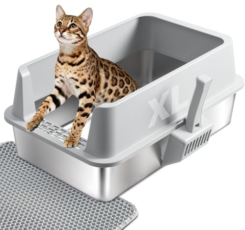 Olacat Stainless Steel Litter Box with Lid,XL Metal Cat Litter Box,Extra Large Litterbox for Big with High Sides,Non-Stick, Odor-Free,Easy to Clean,Include Litter Mat &Scoop,23x14.6x10in