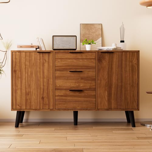 Msutree Sideboard Buffetschrank mit 3 Schubladen und 2 Türen Küchen Kommode mit verstellbare Einlegeböden Vorratsschrank fürs Wohnzimmer Esszimmer & Flur Holzoptik 120x35x74cm (Zwei Türen (120cmB))