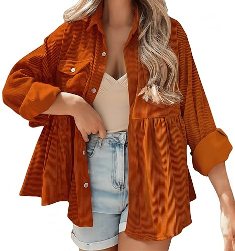 Ocean Plus Femmes Manches Longues Velours Côtelé Revers Volants Blouses avec Boutonnière Type Lâche Chemise en Velours Côtelé Chemise Simple avec Plus De Boutons (L, Orange)