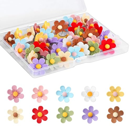 Casbomy 50 Stück Blumen Reißzwecken, Heftzwecken Blumen Pinnnadeln für Korktafeln, Pins für Pinnwand, Dekorative Stecknadeln, Reißzweckenbrett, Pinnwand für Büro, Schule, Zuhause (50, Bunt)