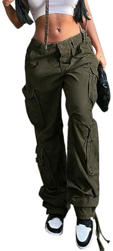 CLOAKA Pantalon cargo Y2k pour femme - Pantalon cargo ample en coton - Taille haute - Avec poches - Streetwear