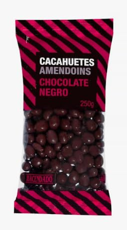 Cacahuètes Hacendado enrobées de chocolat noir Paquet de 250 g – Lot de 6