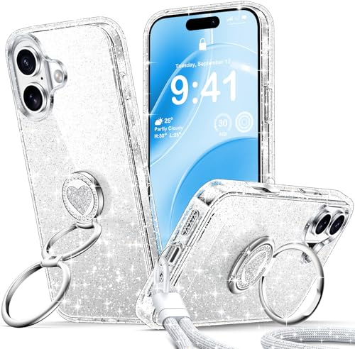 XYZ for iPhone 17 Case, Clear Glitter Cover with 2-Ring Stand | Adjustable Wrist Strap, Sparkle Bling Transparent Shockproof Protective Cover for Women Girls, Clear