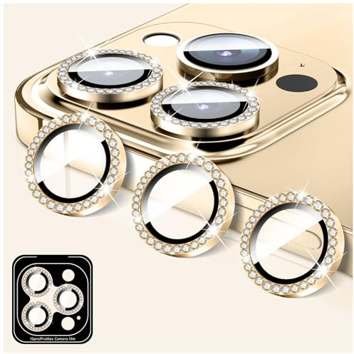 LucBuy Proteggi Obiettivo Fotocamera Compatibile con iPhone 16 Pro/16 Pro Max, Protezione per Obiettivo Della Fotocamera in Vetro Temperato con Diamante, Anelli Metallici Scintillanti (Oro)