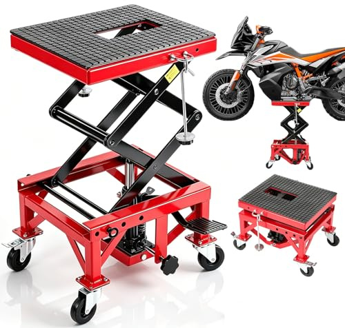 Hydraulic Motorcycle Lift Jack 350LBS Motorbike Scissor Lifter, Foot-Operated, 13.8''–34'' Adjustable Height Lift with 360° Wheels, Non-Slip Rubber Pad