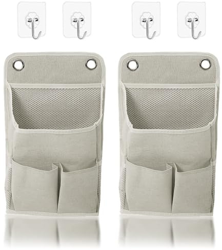 Qxtey 2 Stück Hängeorganizer, Hohe Kapazität Hängeaufbewahrung Aufbewahrung Hängend mit 4 Haken Bett Tasche zum Einhängen Baumwolle Leinen Handing Organizer für Schlafzimmer Büro Wohnmobil