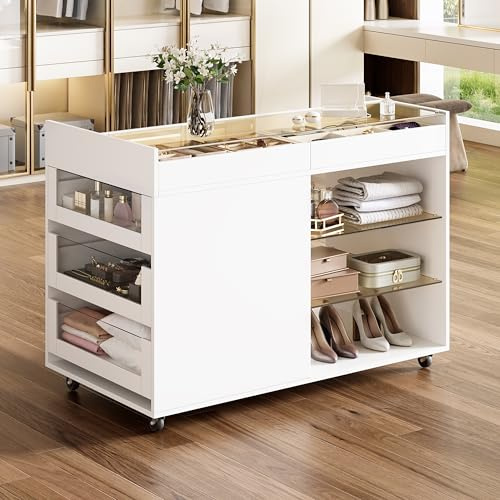 Armario de almacenamiento múltiple de cristal con 5 cajones, con ruedas, adecuado para dormitorio, vestidor, etc., color blanco, 110 × 60 × 79 cm