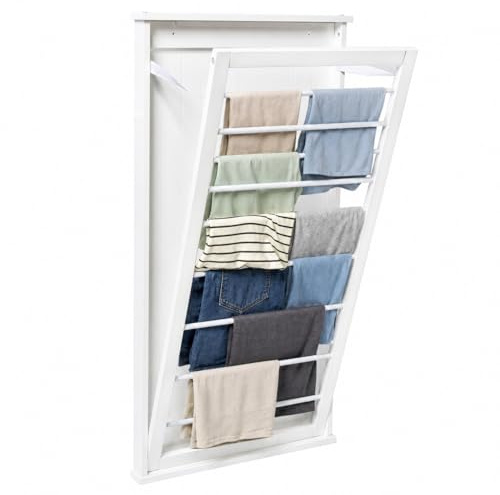 Honey-Can-Do Wall-Mounted Wooden Clothes Drying Rack with Drying Rod, Foldable Space-Saving Laundry Rack, Holds 30 lbs, Stylish White MDF Design for Laundry Room Bathroom, 23W x 42H