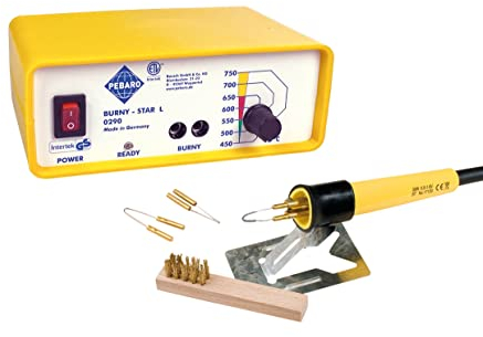 Pebaro 0290 Profi Brandmal Station mit stufenlose Temperaturregulierung, Brandmalkolben, 3 Brennschleifen, Bürste; Brandmalerei, Pyrographie, Holzbrennen, Schreiben, Zeichnen auf Holz, Leder, Kork