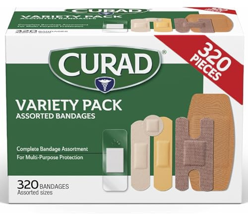CURAD Assorted Bandages Bulk Variety Pack | 320 Count |5 Styles Including Waterproof, Sheer, Plastic, Heavy Duty & Flex-Fabric | First Aid Kit Essentials | Protects Scrapes, Cuts & Burns