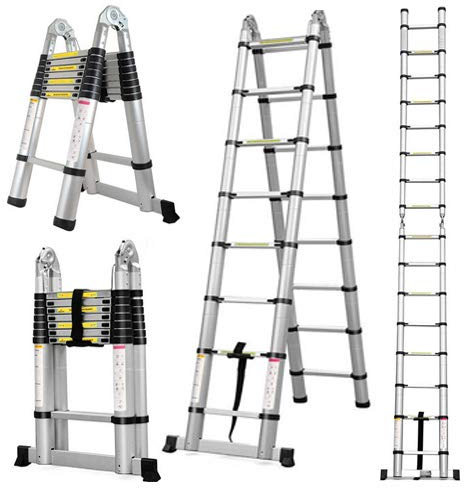 5 m scala telescopica alluminio telescopico scaletta scala pieghevole multiuso step-ladder a-fram 2,5 m + 2,5 m di estensione con meccanismo di chiusura molla carico (5 M = 2.5 m + 2.5 m)