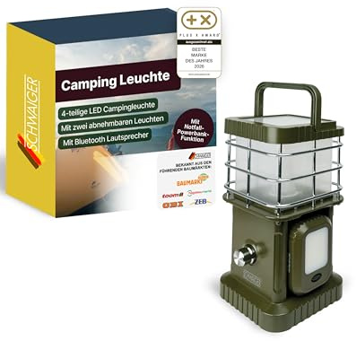 SCHWAIGER LED Campingleuchte mit Bluetooth Lautsprecher I Campinglampe mit 2 Zusatzleuchten & Powerbank-Funktion I dimmbares Campinglicht 400 lm I multifunktionale Outdoor Lampe