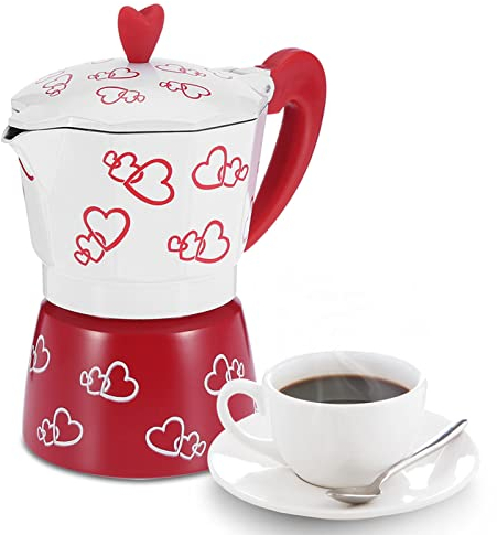 Raguso Caffettiera in alluminio, durevole cuore rosso stampato espresso stufa Caffettiera Bollitore per ufficio domestico(Red Heart Small)