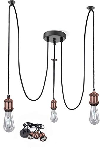 Lampadario a sospensione stile retrò industriale con 3 luci Edison regolabili, ragno al soffitto, luci da soffitto, corda da appendere per soggiorno, ristorante, caffè, E27, colore rosso