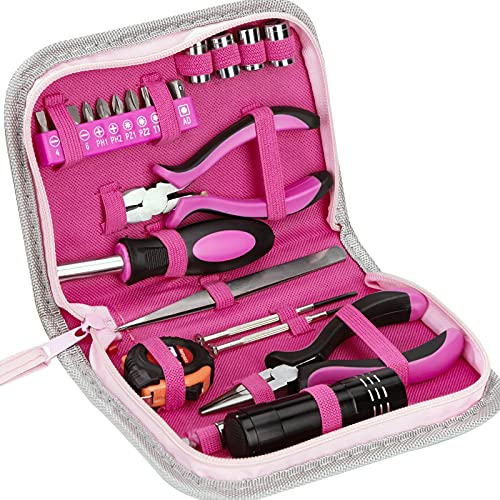 Juego de Herramientas Rosa Hogar Herramientas de Mano para Mujer 23 Piezas Caja de Herramientas Incluye Bits Cinta Métrica Alicates de Corte Universal de Reparación Conjuntos Bricolaje