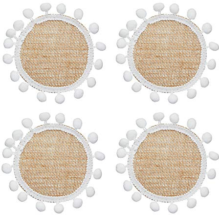 KitchenCraft Natural Elements - Dessous-de-Verre en Jute avec Pompons Blancs Décoratifs, 15 cm, Lot de 4