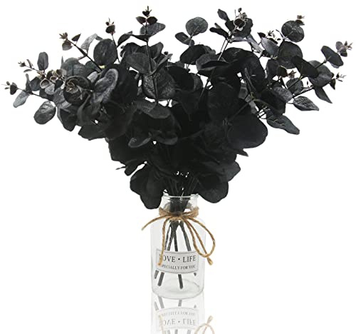 Hananona künstliche Eukalyptusstiele, 35,6 cm, Eukalyptusblätter, Zweige, Blumenstrauß für Blumenarrangement, DIY, Seidenblumen für Zuhause, Halloween, Bauernhaus-Dekoration (Schwarz, 6 Stück)