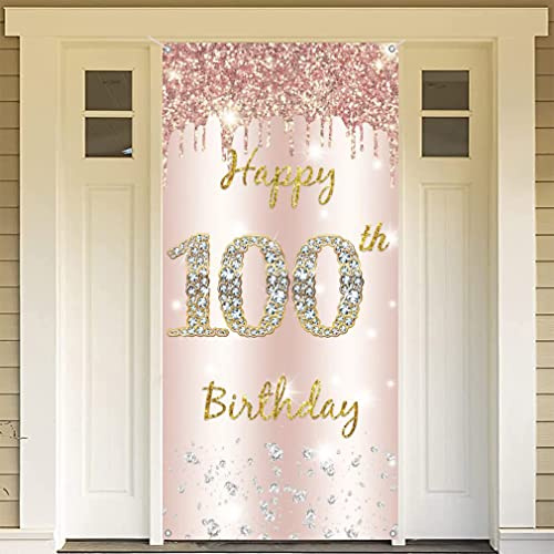 100. Geburtstag Deko Frauen, Happy 100th Birthday Door Banner Roségold Stoff Schild Plakat Türdekoration Hintergrund Banner Damen, Geburtstagsfeier Willkommensschild