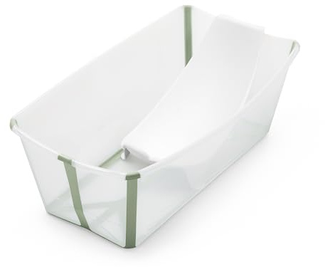 Stokke Flexi Bath (Verde transparente) con Soporte para recién nacido - Duradera y fácil de guardar - Práctica para usar en casa o de viaje - Para bebés 0 a 48 meses