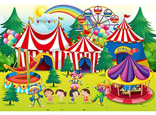 Aoihrraan 3,5x2,5m Circo Sfondo Rosso Tende Giostra Clown Arcobaleno Divertimento Parco Carnevale Fotografia Sfondo Neonato Bambino Doccia Compleanno Festa Arredamento Torta Tavolo Banner Foto Prop
