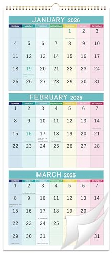 2026 Calendar - 2026 Wall Calendar, JAN. 2026 - DEC. 2026, 11.25 x 26, 3 Month Calendar Display(Folded in a Month), 3 Month Wall Calendar 2026 Vertical, Large, Lay- Flat -Classic