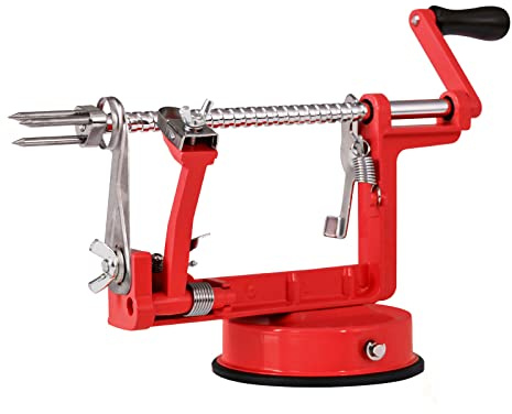 Apple Peeler, Slicer Corer Potato Peelers 3 In 1, Stainless Steel Heavy Duty with Suction Cup Base (Red)
