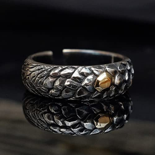 Zoshfo Versilberter Schwarzer Drachenschuppen-Siegelring Mit Offenem, Verstellbarem Band Für Herren,Handmade Vintage Personalisierte Coole Ringe Schmuck