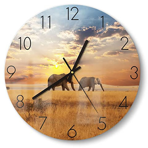 DEQORI Glasuhr | rund Ø 30 cm | Motiv Elefanten in der Steppe | ausgefallene leise Design Uhr aus Glas | Wanduhr für Wohnzimmer & Küche | moderne Hingucker Uhr für die Wand