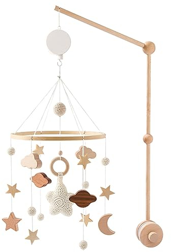 Mobile Baby Windspiele Mobile Halterung Holz mit Mobile Spieluhr, Wolken Sterne Mobile Baby Mädchen Bettglocke Anhänger für Babybett, Windspiel Rassel Wickeltisch, Kinderzimmer Hängende Bettglocke
