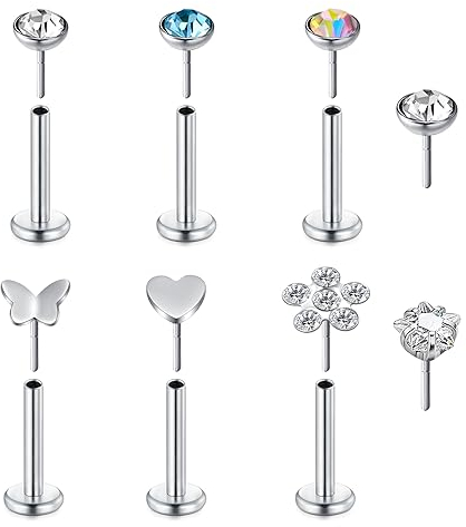 VF VFUN 20G 8mm Edelstahl Diamant CZ Nasenstecker Gewindelos Drücken Sie Hinein Nasenpiercing Herz Schmetterling Lippenpiercing Labret Monroe Cartilage Tragus Helix Ohrpiercing Medusa Piercing Schmuck