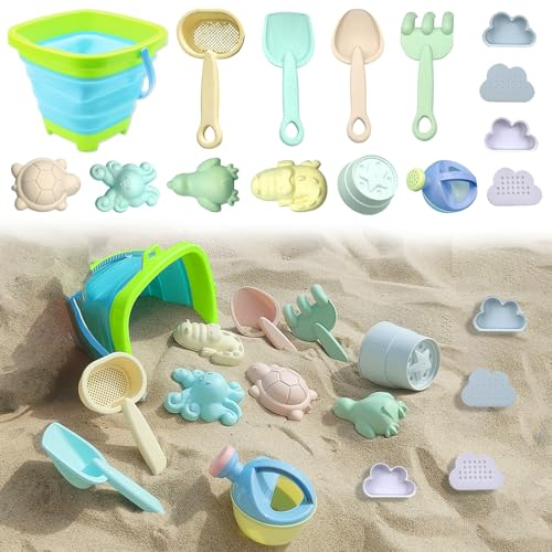 DAZZTIME Sandspielzeug Set,15 Stück Kinder Sandspielzeug,Sandkasten Spielzeug mit Faltbarer Eimer,Schaufel, Sandharke,Sandförmchen,Gartenspielzeug ab 1 2 3 4 5 Jahre Mädchen Junge