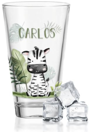GRAVURZEILE Wasserglas mit UV-Druck - Tiergruppe Safari Design - Personalisiert mit Wunschname - Geschenke für Jungen & Mädchen Kinder zum Geburtstag Einschulung - Geeignet als Trinkglas - Zebra