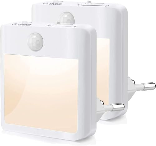 Luz Nocturna con Sensor de Movimiento (2 Piezas) Luz Nocturna Infantil Regulable (120/60/30), Lampara de Noche 2700K Blanco Cálido para Armario, Pasillo, Escalera, Habitación (De Enchufe 2 Unidades)
