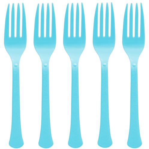 Tenedores de plástico reutilizables color azul caribeño (paquete de 50) – Diseño duradero y de colores vibrantes, perfectos para cualquier ocasión