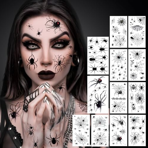 12 Blätt Halloween Tattoo Gesicht Spinnen, Tattoo Halloween Gesichtstattoo | 3D Realistisch Temporäre Schädel Spinnentattoos für Erwachsene Kinder Halloween Party Schminke