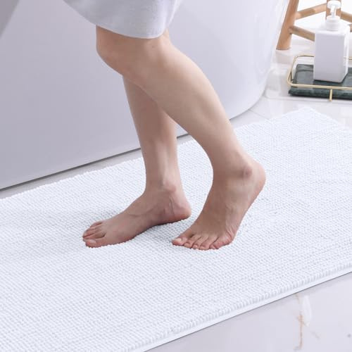 OLANLY Chenille Badematte rutschfest Badezimmerteppich, 60x90 cm | Waschbar Badteppich Badvorleger Saugfähige Duschvorleger Badezimmer Deko, Weiß