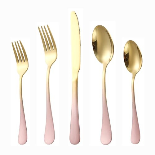 Thickened Gradient Color Handle Kitchen Stainless Steel Silverware Tableware Flatware Cutlery Set Steak Knife Fork Spoon Teaspoon (Gradient pink gold,5 pieces)