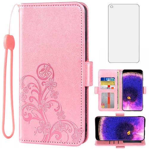 Asuwish Compatible with OPPO Find X5 Wallet Case and Tempered Glass Screen Protector Flip Purse Accessories TPU Wrist Strap Credit Card Holder Stand Cell Phone Cover for FindX5 5G Women Men Rose Gold