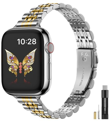 Fullmosa Armband, smalt, kompatibelt med iWatch 49, 44, 42 och 46 mm, elegant metallarmband för iWatch Ultra 2-serien 10/9/8/7/6/SE/5/4/3/2/1, glitterarmband för kvinnor, silver- och guldfärg