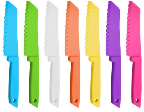 Gurfzcyuoo Plastic Kid Kitchen Knife Set, 7/10 Pcs Safety Knives for Children Kitchen Knife Set, Reusable Nylon Chef Knife Colorful Serrated Knife for Baking Fruit Bread Cake Lettuce Salad (7PCS)