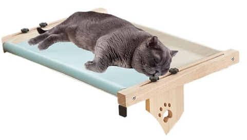 Lettino per gatti per davanzale | Lettino per gatti in legno – Lettino regolabile per gatti, lettino per gatti con cuscino per davanzale, comodino, cassetto