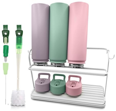 WAKUBON Cup Drying Rack for Counter, Water Bottle Drying Rack for Kitchen Counter, 2-Tier Tumbler, Mug and Glass Drying Rack with Drain Tray and 5-in-1 Cleaning Brush
