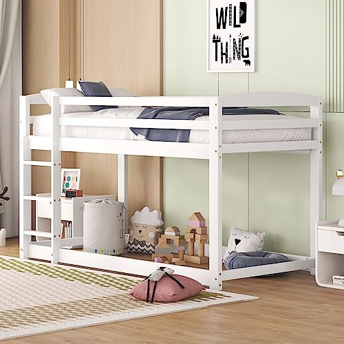 Etagenbett Kinderbett 90x200, Hochbett für 2 Kinder, Hausbett mit Leiter, Stockbett Holzbett Doppelbett Jugendbett Bettgestell Bettrahmen mit Rausfallschutz und Lattenrost, Kiefer, Ohne Matratze, Weiß