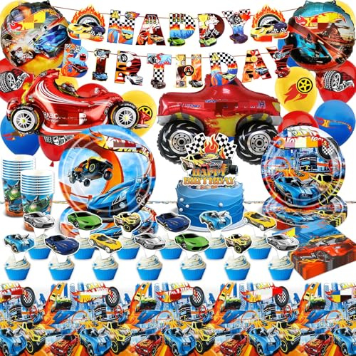Geburtstag Party Deko Geschirr Ballons Rennauto- 99Pcs Car Luftballons Pappteller Tischdecke Banner Geburtstags Birthday Foilballons Cake Topper Tableware Servietten Tassen Kindergeburtstag Junge