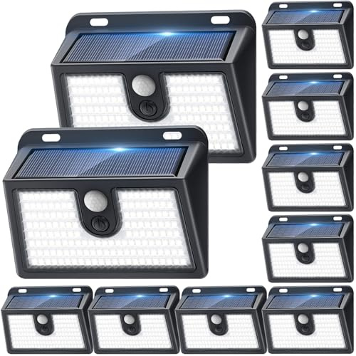 Solar Lights Outdoor, Upgraded 149LED Solar Security Light Motion Sensor with 3 Lighting Modes IP65 Waterproof 270° Wide Angle Wall Light for Fence, Door, Yard, Garage, Step (Cool White 6500K, 10Pack)